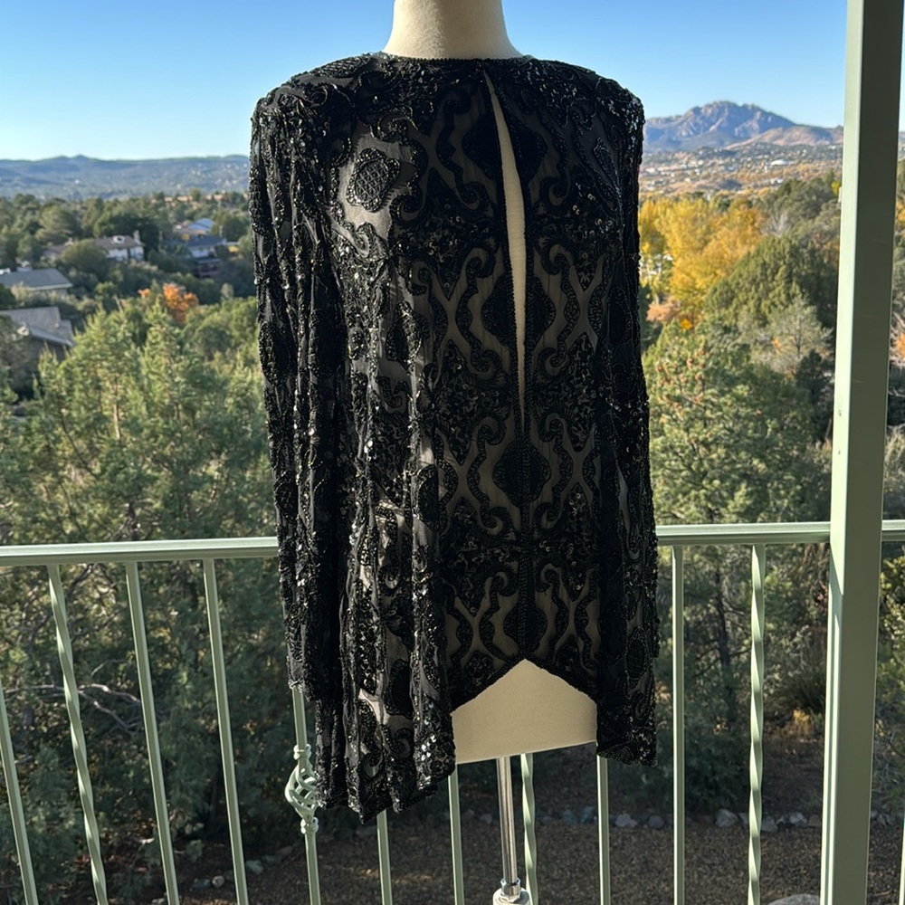 Adrianna Papell Evening Sheer 100% Silk Beads & Sequins Jacket Top Large